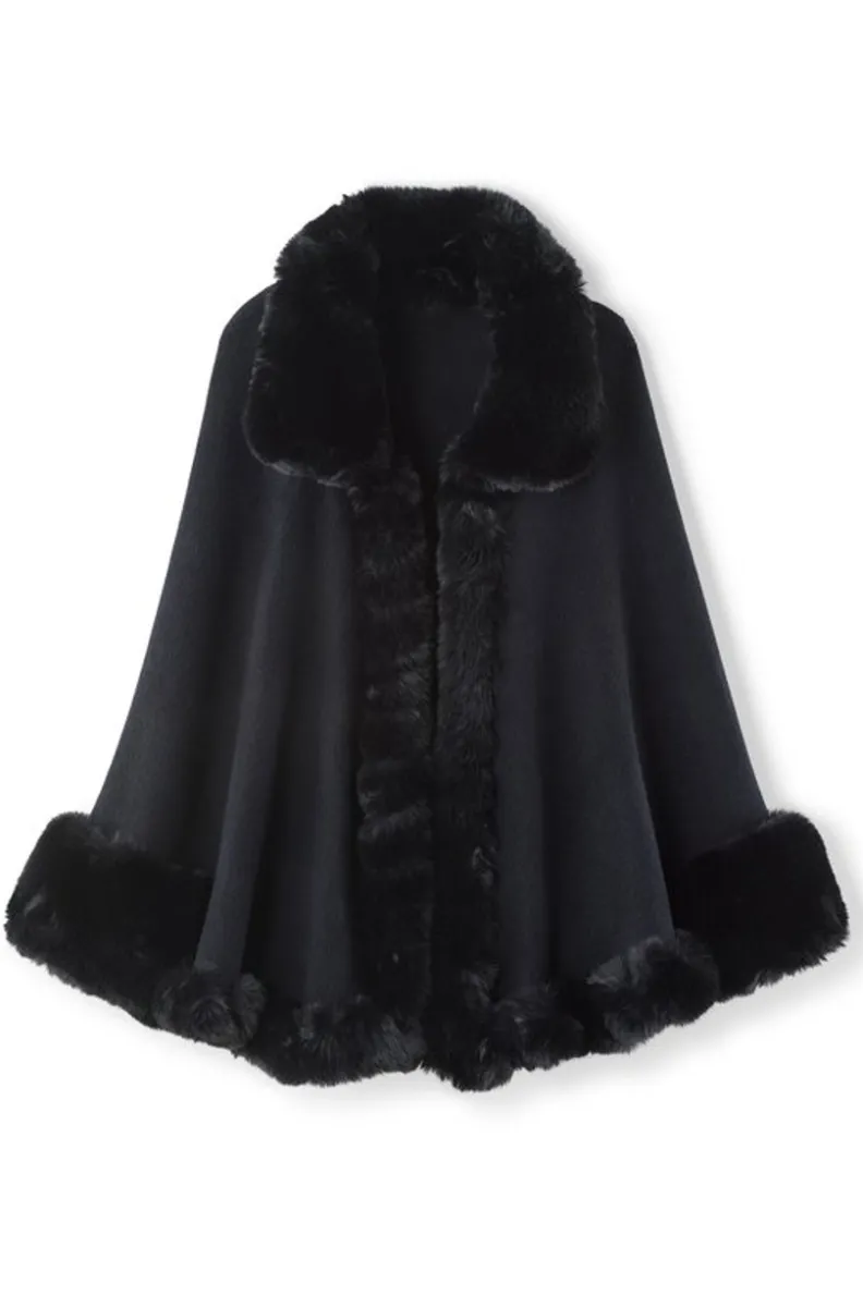 Clearance Soft Surroundings Mila Faux Fur Trim Cape Black