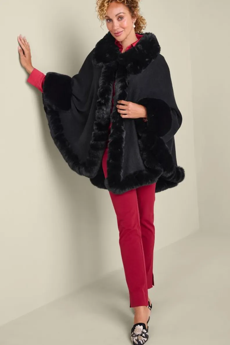Clearance Soft Surroundings Mila Faux Fur Trim Cape Black