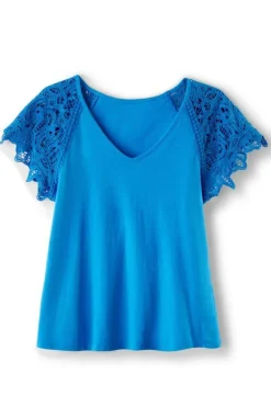 Discount Soft Surroundings Nikita Lace Sleeve Tee FrenchBlue