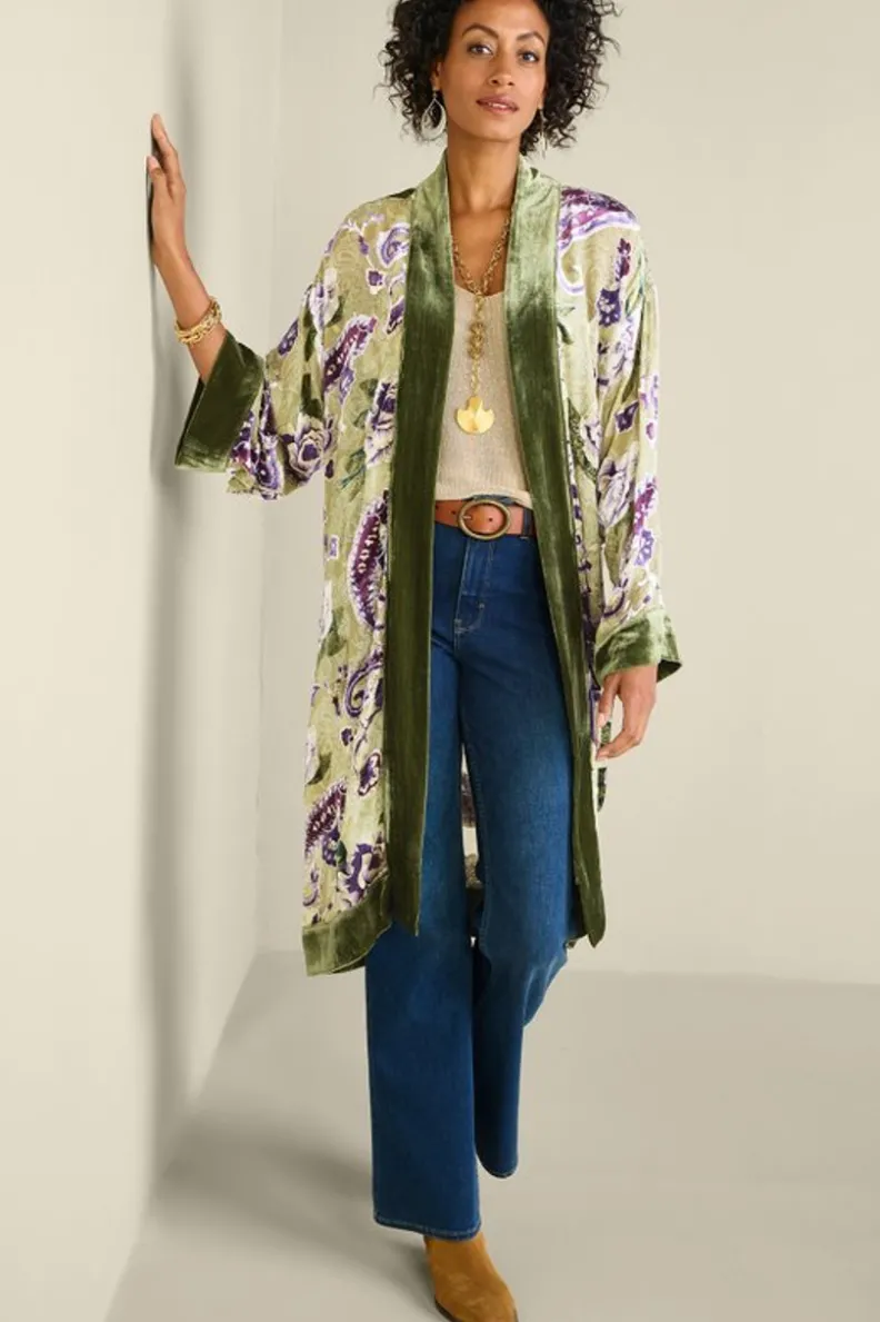 Clearance Soft Surroundings Nomi Silk Blend Velvet Kimono Purple/GreenPaisley