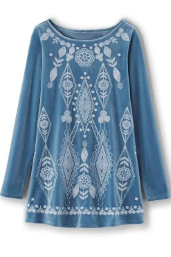 New Soft Surroundings Nori Embroidered Velvet Tunic MoonlightBlue