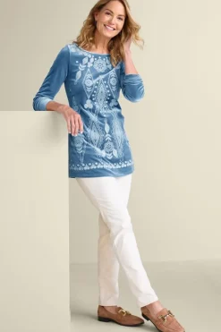 New Soft Surroundings Nori Embroidered Velvet Tunic MoonlightBlue