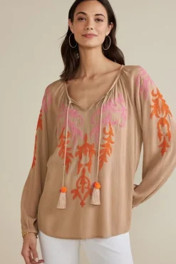 Sale Soft Surroundings Noura Embroidered Gauze Pullover Sesame