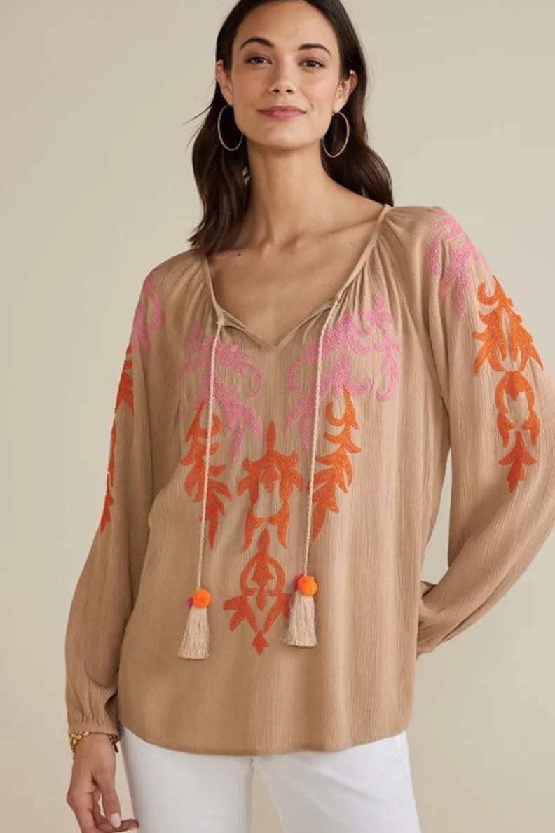 Sale Soft Surroundings Noura Embroidered Gauze Pullover Sesame