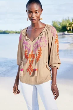 Sale Soft Surroundings Noura Embroidered Gauze Pullover Sesame