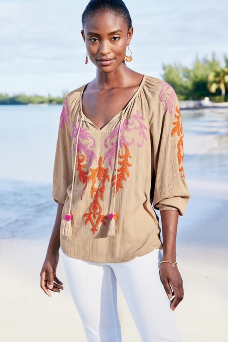 Sale Soft Surroundings Noura Embroidered Gauze Pullover Sesame