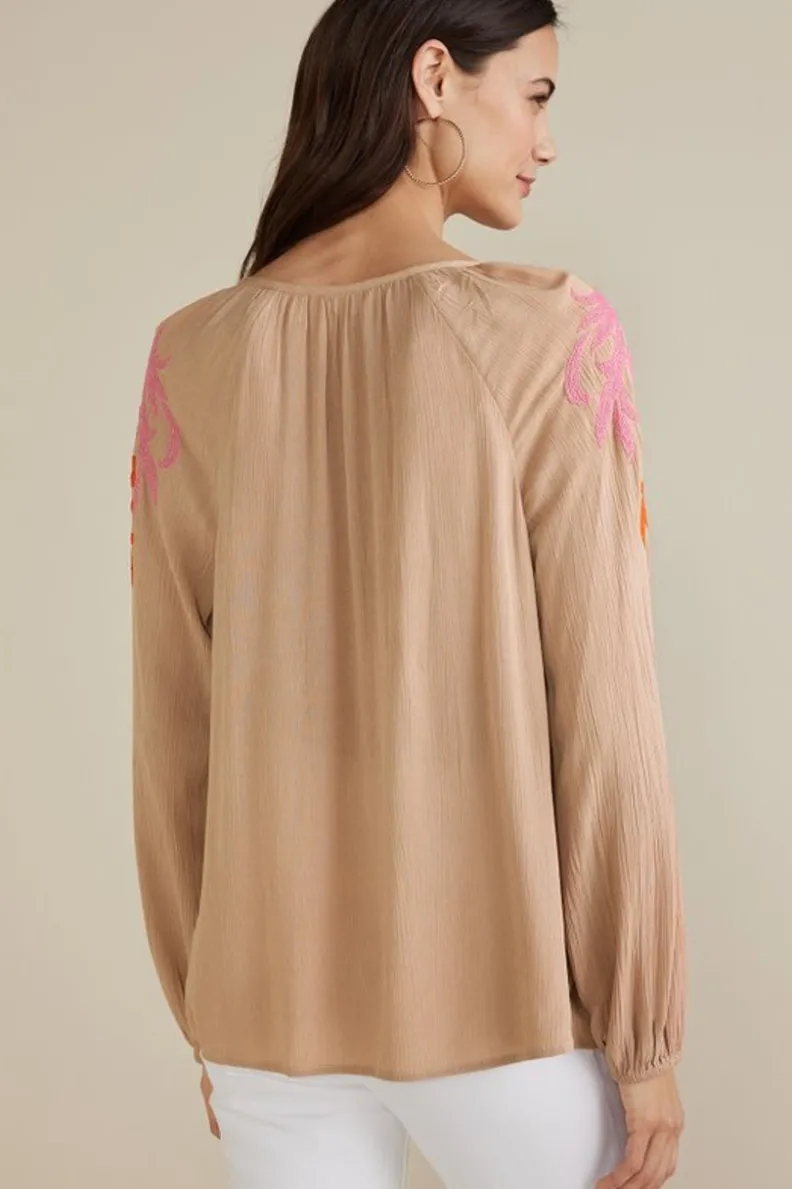 Sale Soft Surroundings Noura Embroidered Gauze Pullover Sesame