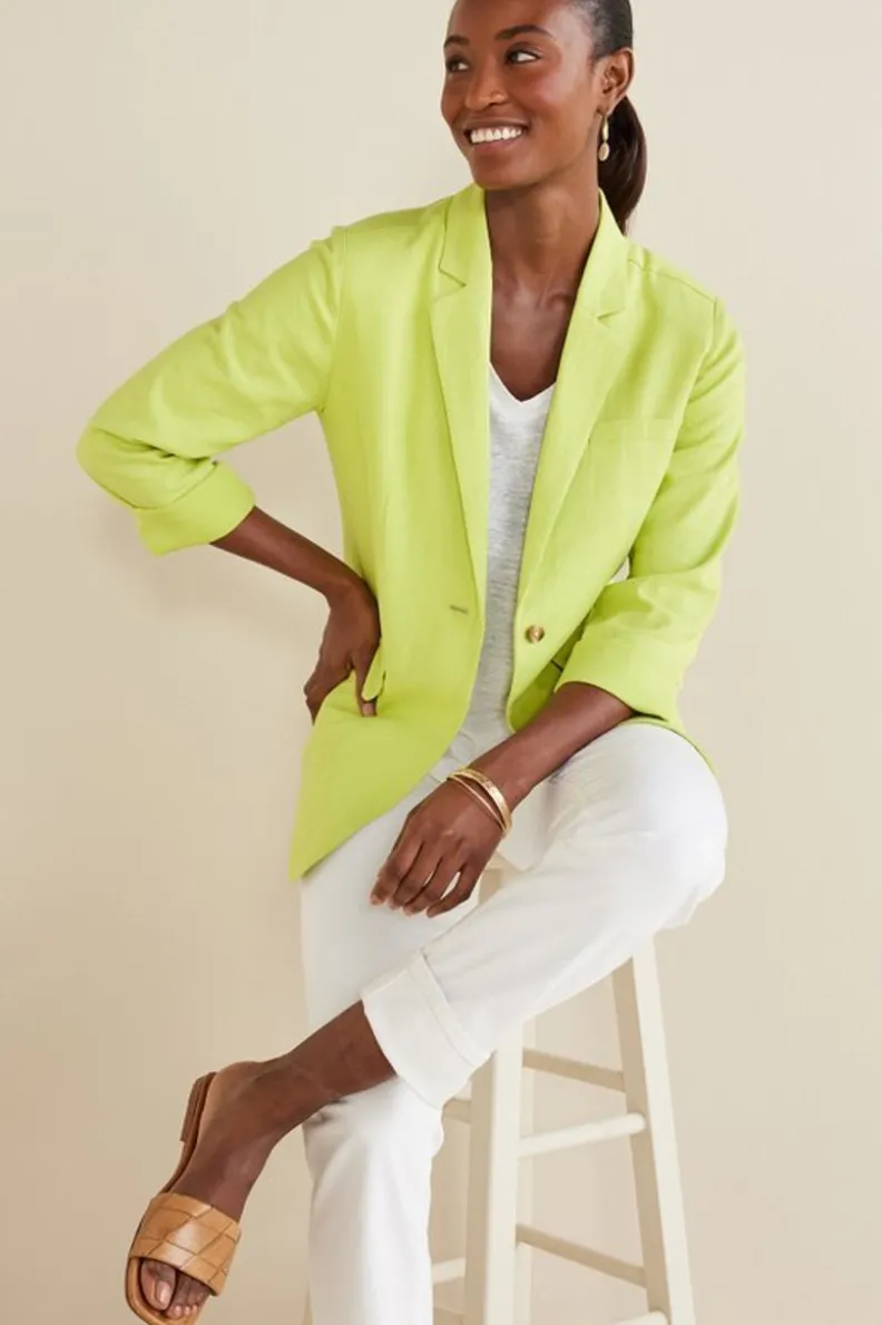 New Soft Surroundings Portofino Linen Blend Boyfriend Blazer Lime