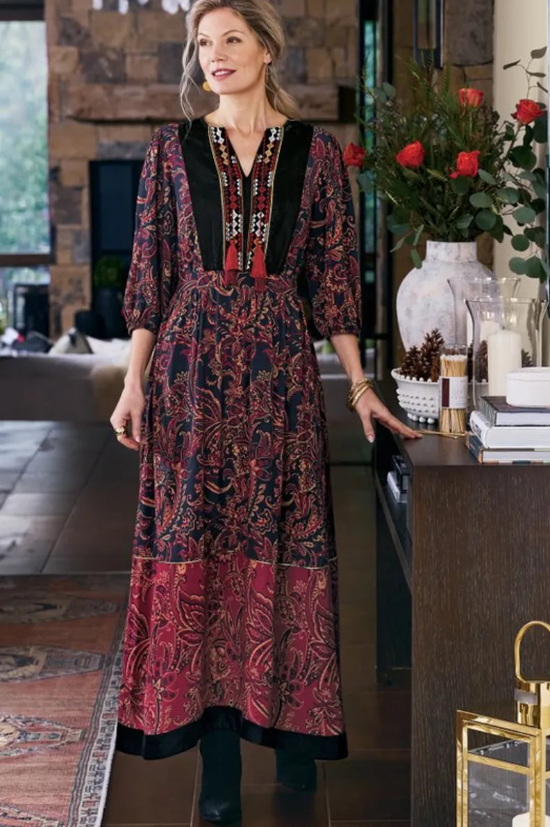 New Soft Surroundings Quinn Maxi Dress FlowingPaisleyBlack+Red