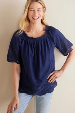 New Soft Surroundings Rahma Eyelet Trimmed Tee Navy