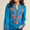 Hot Soft Surroundings Riva Embroidered Knit Gauze Top BlueSapphire