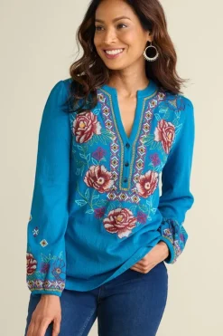 Hot Soft Surroundings Riva Embroidered Knit Gauze Top BlueSapphire