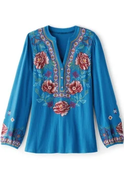 Hot Soft Surroundings Riva Embroidered Knit Gauze Top BlueSapphire