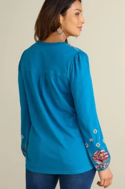 Hot Soft Surroundings Riva Embroidered Knit Gauze Top BlueSapphire