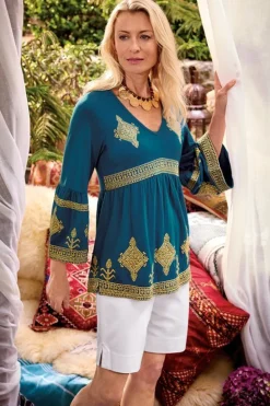 Hot Soft Surroundings Setara 3/4 Sleeve Top MoroccanBlue