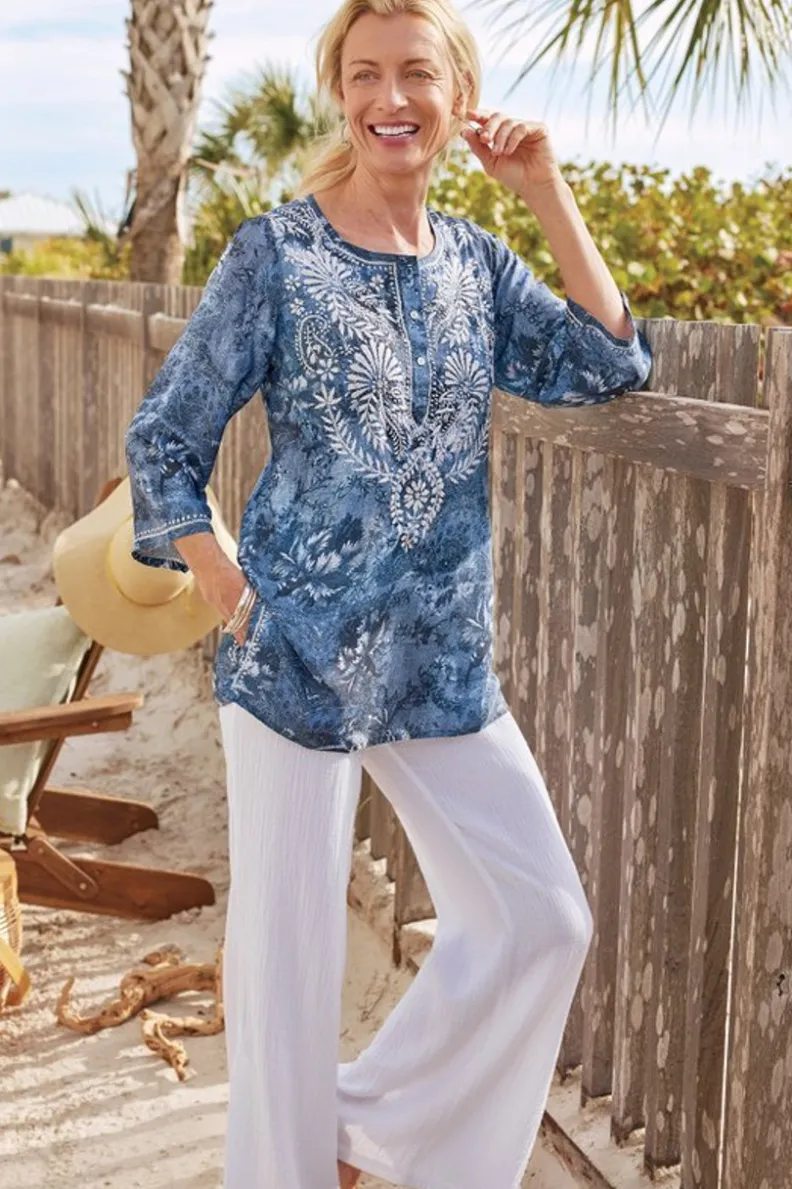 New Soft Surroundings Silvia Embroidered Tunic BlueMulti