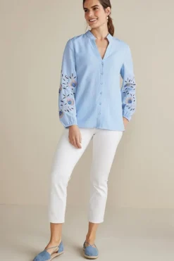 New Soft Surroundings Titania Embroidered Top ChambrayBlue