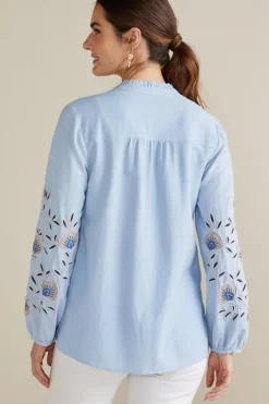 New Soft Surroundings Titania Embroidered Top ChambrayBlue