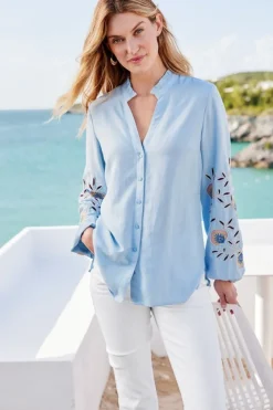 New Soft Surroundings Titania Embroidered Top ChambrayBlue