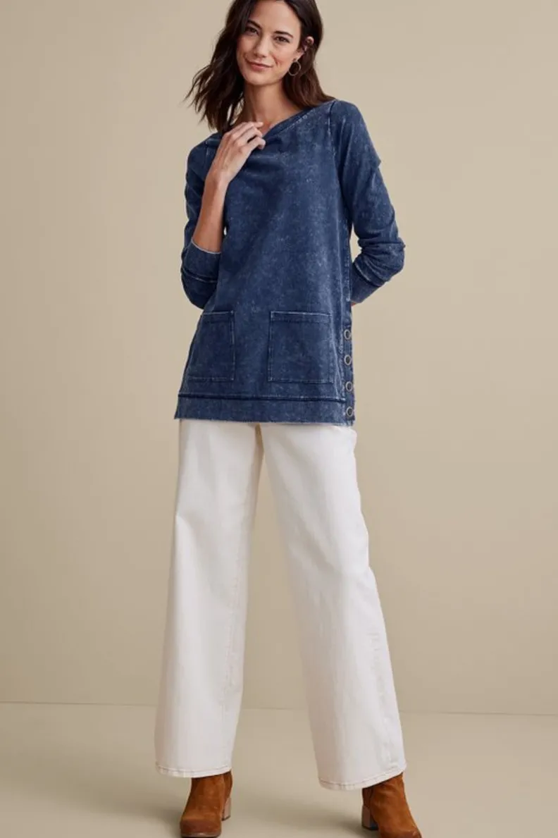 Discount Soft Surroundings Washed Make It Snappy Pullover DenimBlue