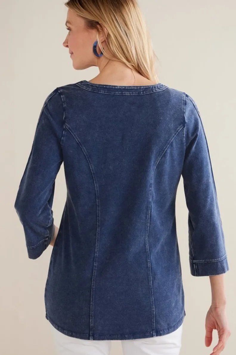 Sale Soft Surroundings Wilma Washed Knit Denim Tunic DenimBlue