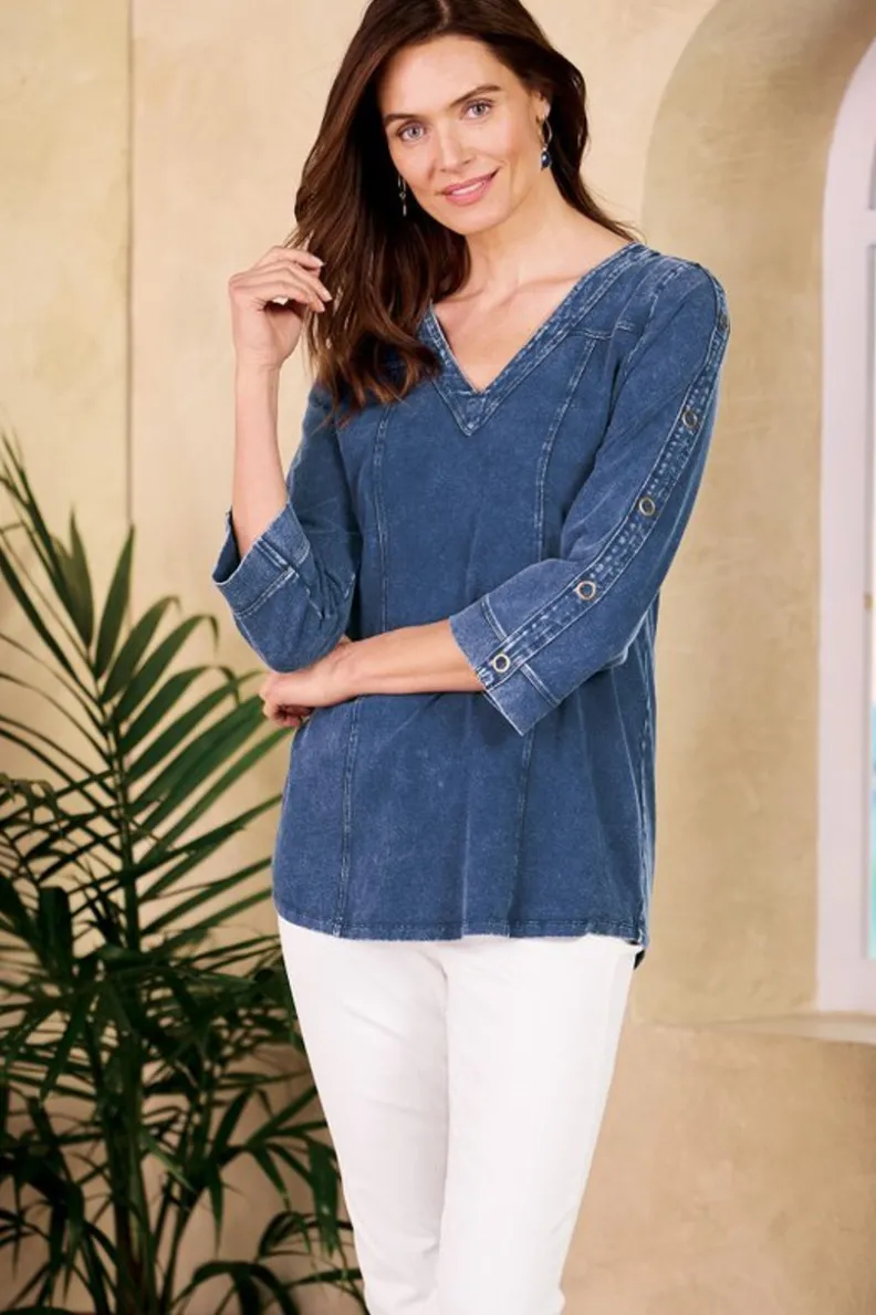 Sale Soft Surroundings Wilma Washed Knit Denim Tunic DenimBlue