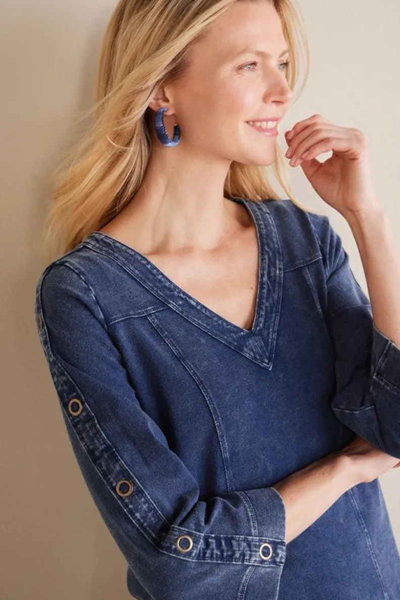 Sale Soft Surroundings Wilma Washed Knit Denim Tunic DenimBlue